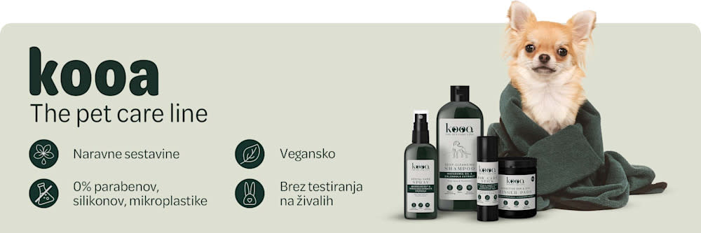 kooa the pet care line. Naravne sestavine, vegansko, 0% parabenov, silikonov, mikroplastike in brez testiranja na živalih.