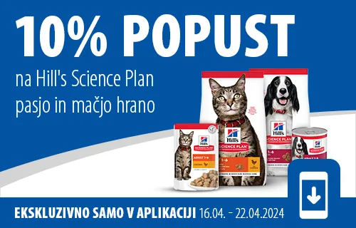 10% popust na Hill's Science Plan pasjo in mačjo hrano v naši mobilni aplikaciji