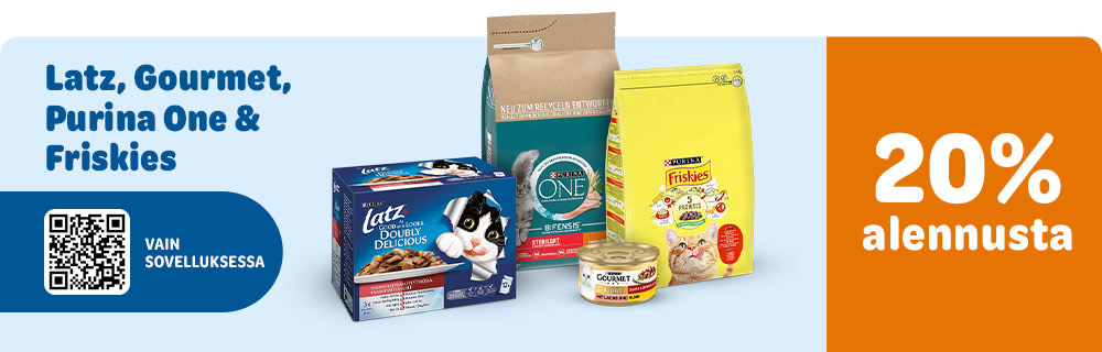 20% alennusta. Latz, Gourmet, Purina One, Friskies. Vain sovelluksessa.