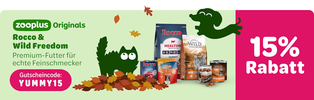 zooplus Originals: 15% Rabatt auf Rocco & Wild Freedom mit dem Gutscheincode YUMMY15. Premium-Futter für echte Feinschmecker.
