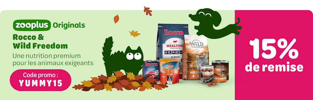 zooplus Originals: 15 % de remise sur Rocco & Wild Freedom. Code promo: YUMMY15. Une nutrition premium pour les animaux exigeants