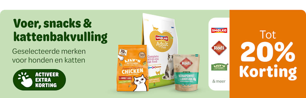 Tot 20% korting op voer, snacks & kattenbakvulling