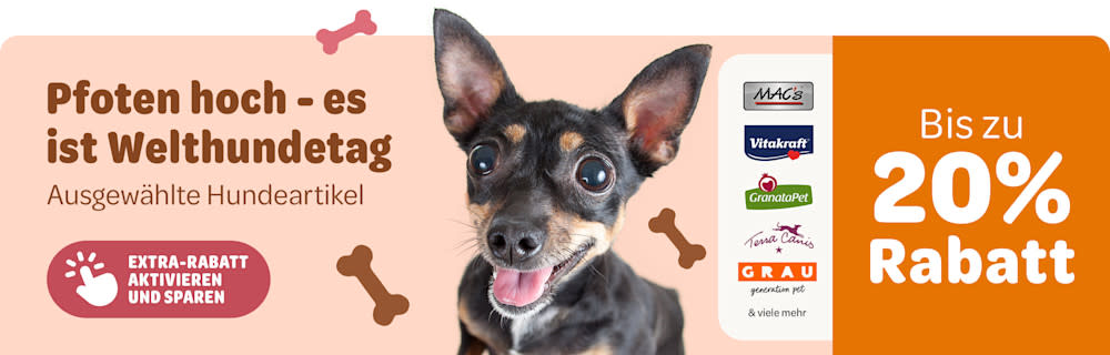 Pfoten hoch - es ist Welthundetag. Bis zu 20% Rabatt auf ausgewählte Hundeartikel von MAC's, Vitakraft, GranataPet, Terra Canis, grau & viele mehr. Extra-Rabatt aktivieren und sparen