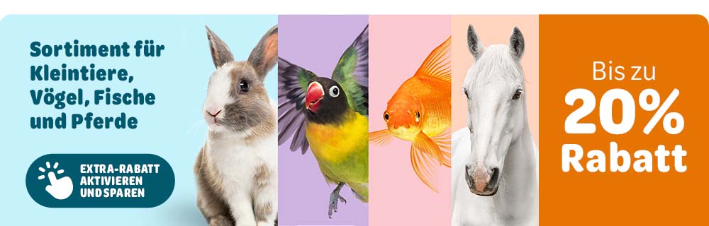 Extra-Rabatt aktivieren und sparen: Bis zu 20% Rabatt auf das Sortiment für Kleintiere, Vögel, Fische und Pferde.