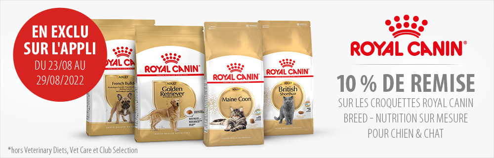 10 % de remise sur les croquettes Royal Canin Breed en exclusivité sur l'application zooplus