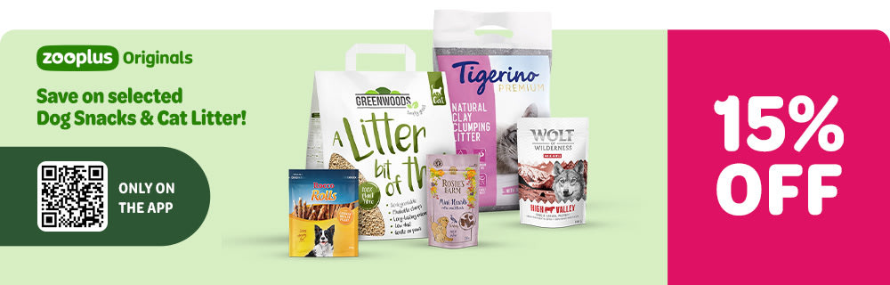 15% off selected zooplus Originals Dog Snacks & Cat Litter: only on the app