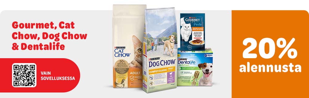 20% alennusta. Gourmet, Cat Chow, Dog Chow ja Dentalife. Vain sovelluksessa.