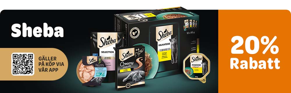20% rabatt. Sheba. Gäller på köp via vår app.