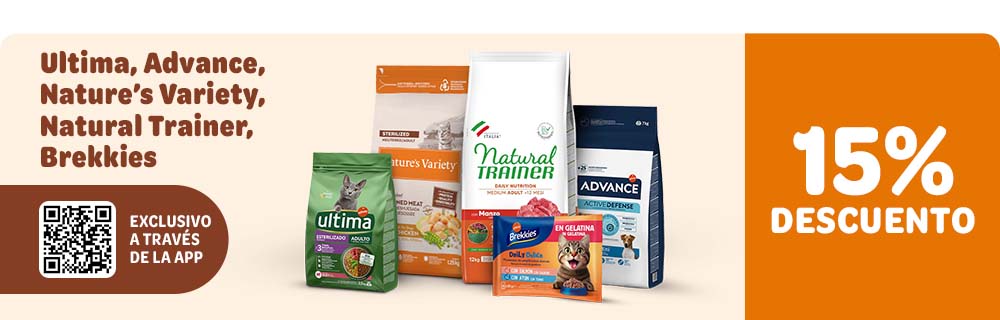 15 % descuento en Advance, Brekkies, Libra, Natural Trainer, Nature’s Variety y Ultima a través de la app