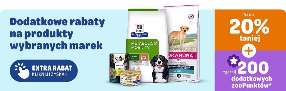 Dodatkowe rabaty na produkty wybranych marek - aż do 20% taniej + zgarnij 200 dodatkowych zooPunktów*.
