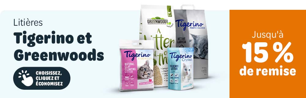 jusqu'à -15 % sur les litières Tigerino et Greenwoods