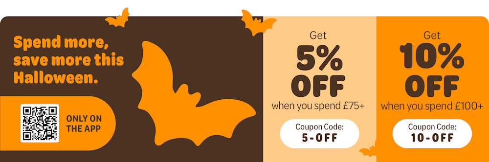 Spend and Save: 10% off when you spend £100+ and 5% when you spend £75+, only on the app