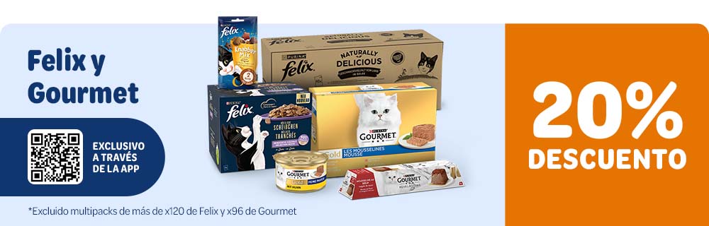 20 % de descuento Purina Gourmet y Felix a través de la App