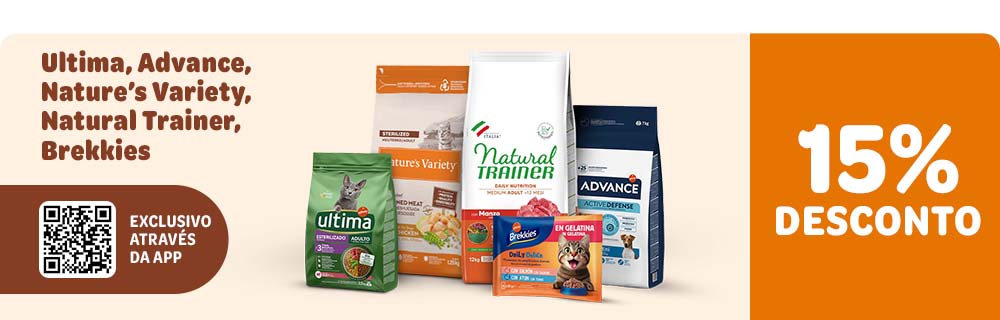 Aproveite 15% de desconto adicional através da App nas marcas Ultima, Advance, Nature’s Variety, Natural Trainer, Brekkies e Libra