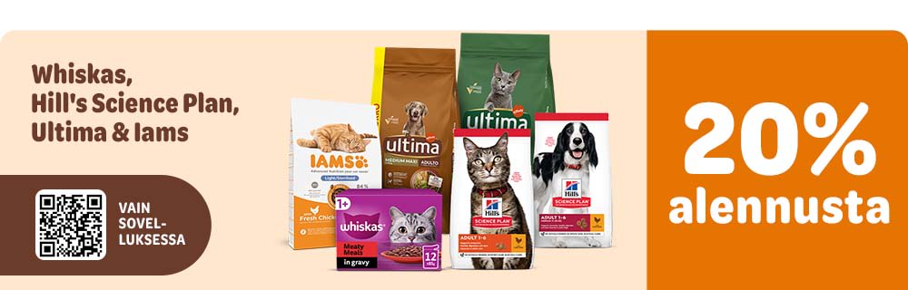 20% alennusta tuotemerkeistä Whiskas, Hill's Science Plan, Ultima & Iams. Vain sovelluksessa.