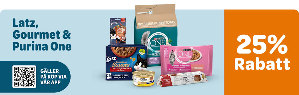 25% Latz, Gourmet & Purina ONE i appen