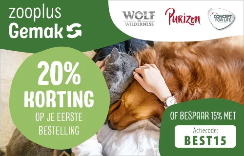 20% korting op je eerste bestelling bij Wolf of Wilderness, Purizon, Concept for Life en Concept for Life Veterinary Diet!