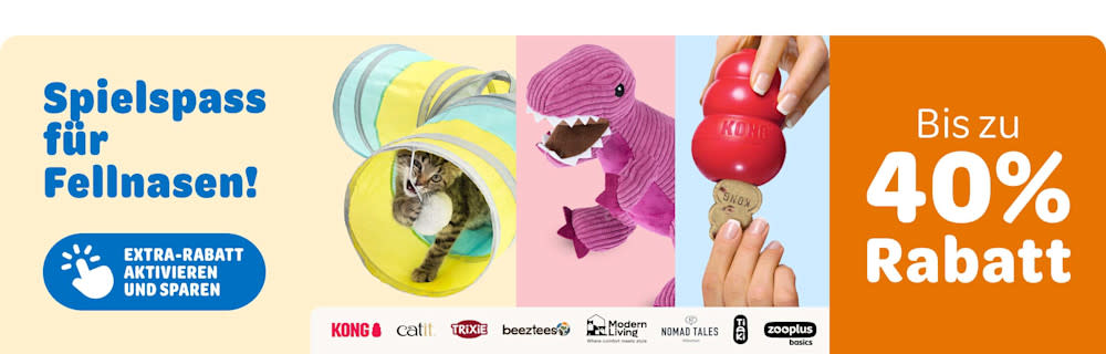 Spielspass für Fellnasen! Bis zu 40% Rabatt auf die Marken KONG, catit, TRIXIE, beeztees, Modern Living, NOMAD TALES, TIAKI, zooplus basics und viele mehr. Extra-Rabatt aktivieren und sparen.