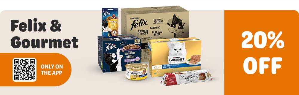 20% off Felix and Gourmet: only on the app.