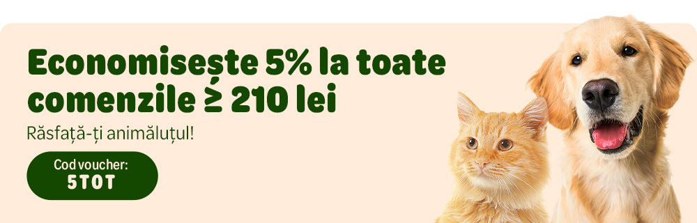 Economisește 5% la toate comenzile ≥ 210 lei. Răsfață-ți animăluțul! Cod voucher: 5TOT