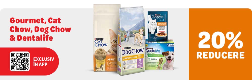 20% reducere la Gourmet, Cat Chow, Dog Chow, Dentalife. Exclusiv în APP
