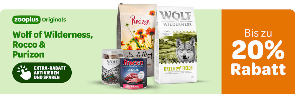 Bis zu 20% Rabatt auf zooplus Originals Wolf of Wilderness, Rocco & Purizon. Extra-Rabatt aktivieren und sparen