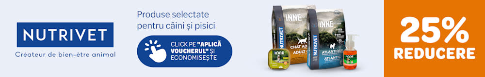 Nutrivet. 25% reducere. Produse selectate pentru câini și pisici. Aplică voucherul și economisește.