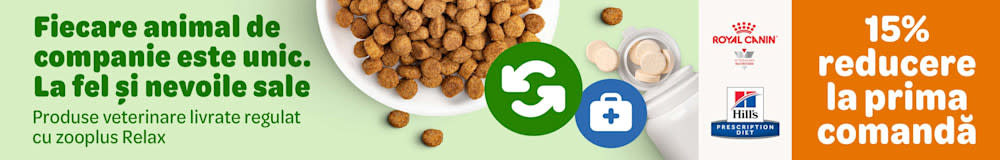 15% discount pentru produsele veterinare la prima comandă cu zooplus Relax. Fiecare animal de companie este unic,. La fel si nevoile sale. Produse veterinare livrate regulat cu zooplus Relax