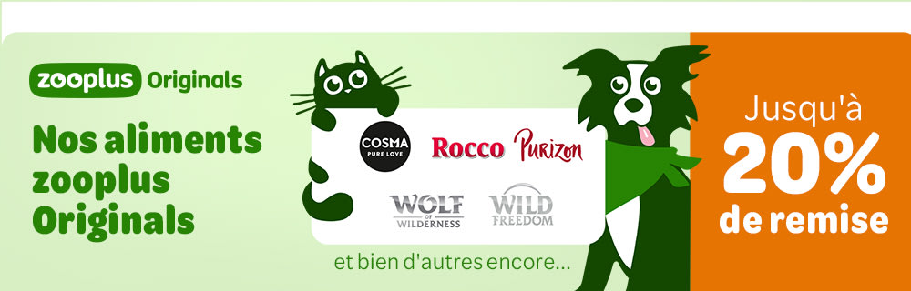 zooplus Originals: Jusqu'à 20% de remise Nos aliments zooplus Originals - Cosma PURE LOVE, Rocco, Purizon, Wolf of Wilderness, Wild Freedom et bien d'autres encore...