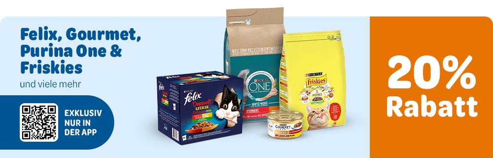 20% Rabatt auf Felix, Gourmet, Purina One, Pro Plan, Pro Plan Veterinary Diets und Friskies - Exklusiv nur in der App.