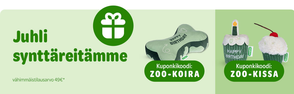 Juhli synttäreitämme. Kuponkikoodi: ZOO-KOIRA, kuponkikoodi: ZOO-KISSA. Vähimmäistilausarvo 49€*