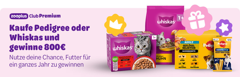 zooplus Club Premium: Kaufe Pedigree oder Whiskas & gewinne 800€. Nutze deine Chance, Futter für ein ganzes Jahr zu gewinnen