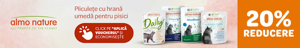 20% reducere Almo nature, pliculețe cu hrană umedă pentru pisici. Click pe "aplică voucherul" și economisește