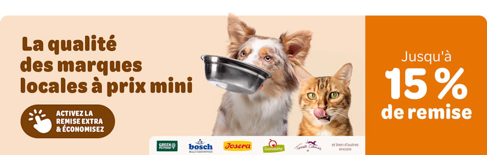 La qualité des marques locales à prix mini. Jusqu'à 15% de remise sur Green Petfood, bosch, Josera, GranataPet, Terra Canis et bien d'autres encore.
