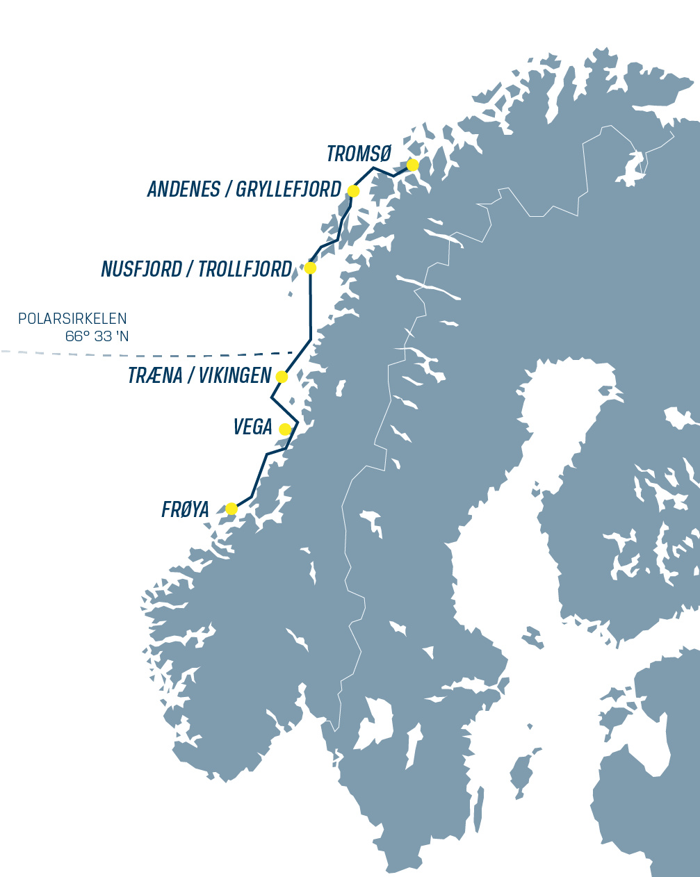 Kart over reisen fra Frøya til Tromsø