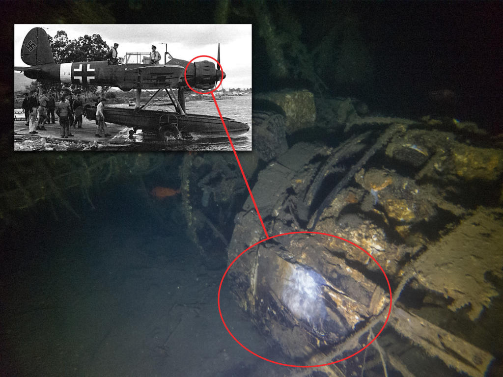 Sammenligning av motordekselet på Arado AR 196 med bilder av vraket. Den ovale formen på dekselet er tydelig synlig.