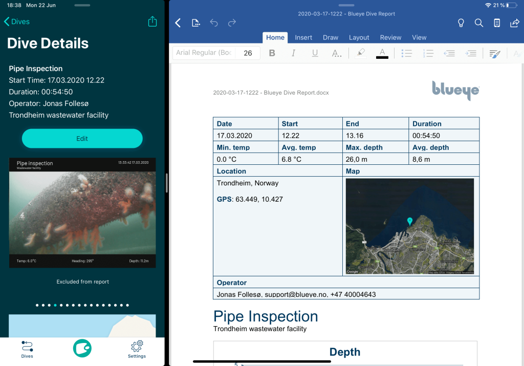 Screenshot of the Blueye App and Microsoft Word side-by-side