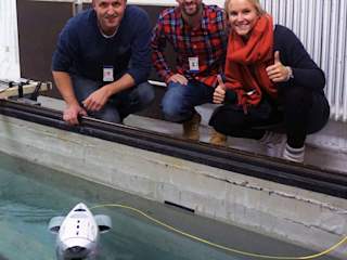 Erik, Borja and Christine with first Blueye prototype in the water