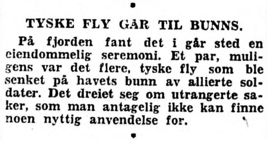 Note from newspaper Adressa on 13th of September 1945 mentioning the sinking of German aircrafts