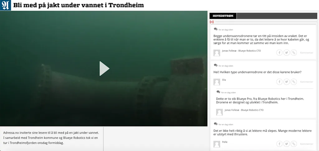 Skjermbilde fra Adresseavisen som viser live videostrøm fra Blueye