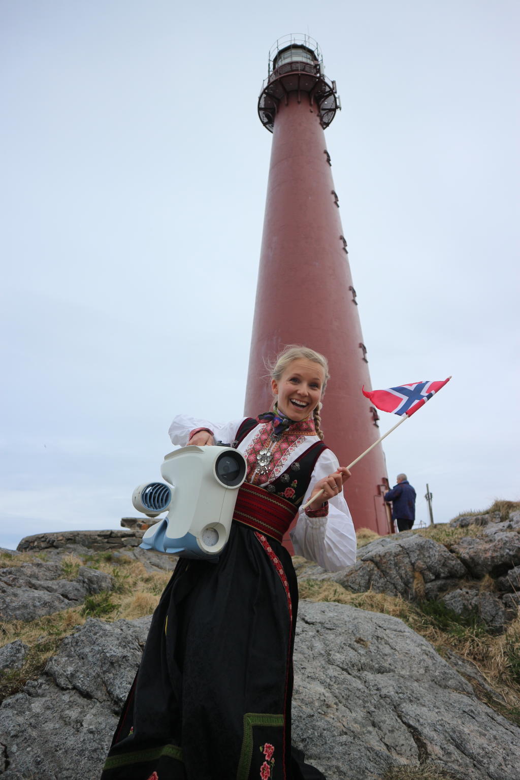 Christine in bunad outside Andenes lighthouse