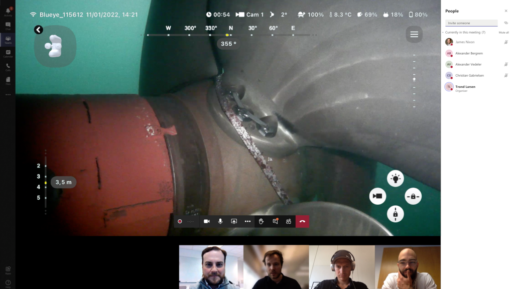 Screenshot of Microsoft Teams meeting with live footage from a Blueye Pro underwater drone.