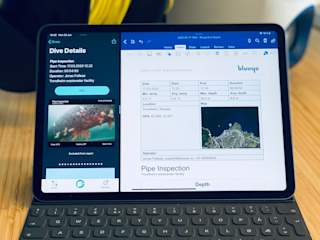 Blueye App and Microsoft Word running side-by-side on an iPad Pro.