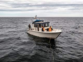 Aerial drone view of the boat trip to film Nordstream
