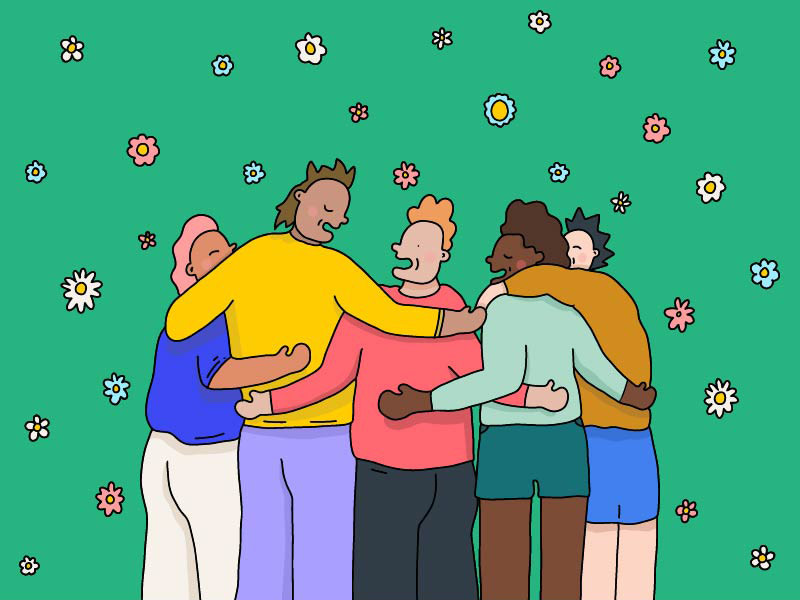 Cartoon of five smiling people linking arms standing with their back to the viewer. The person on the left has olive skin with pink hair, the second person has light brown skin with brown hair, the third person has pale skin with orange hair, the fourth person has dark brown skin and brown hair, the fifth person has white skin and black spiky hair. The background is green and full of small flowers.