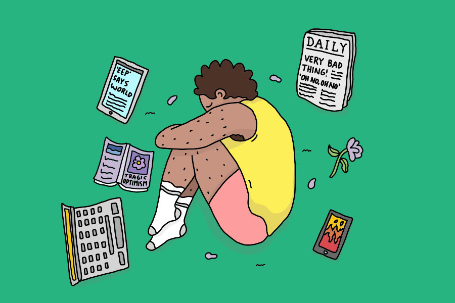 A cartoon image of a person curled up on the ground. around them lies a newspaper, a flower, a phone with a picture of a fire on it, a laptop, a tablet, and a book