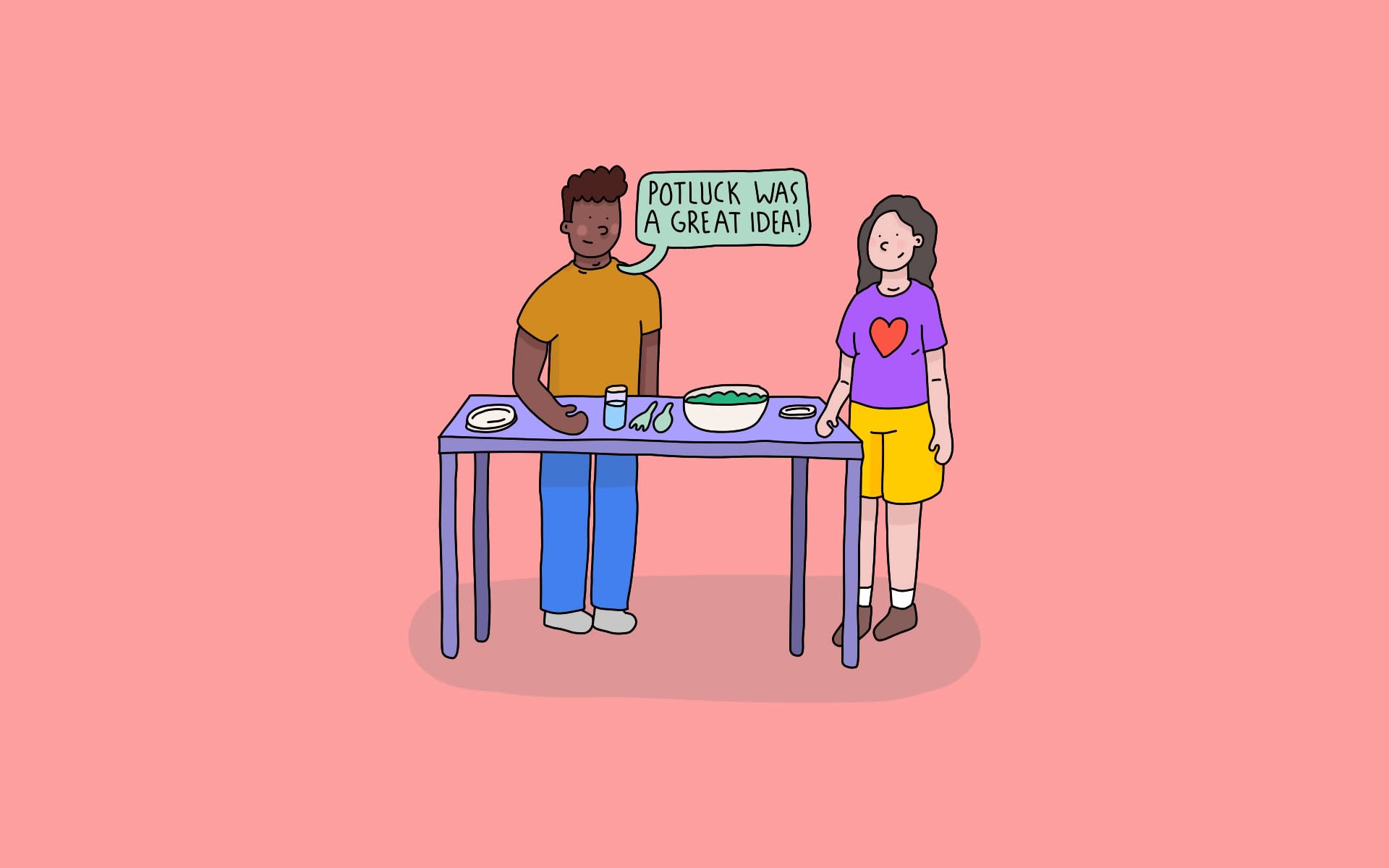 illustration of friends at a potluck