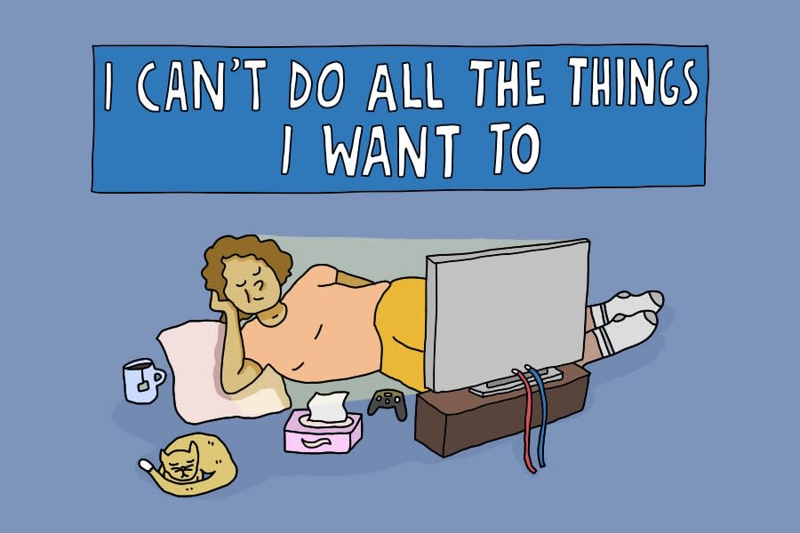 illustration of a person lying on a pillow watching tv with pet and gaming controller