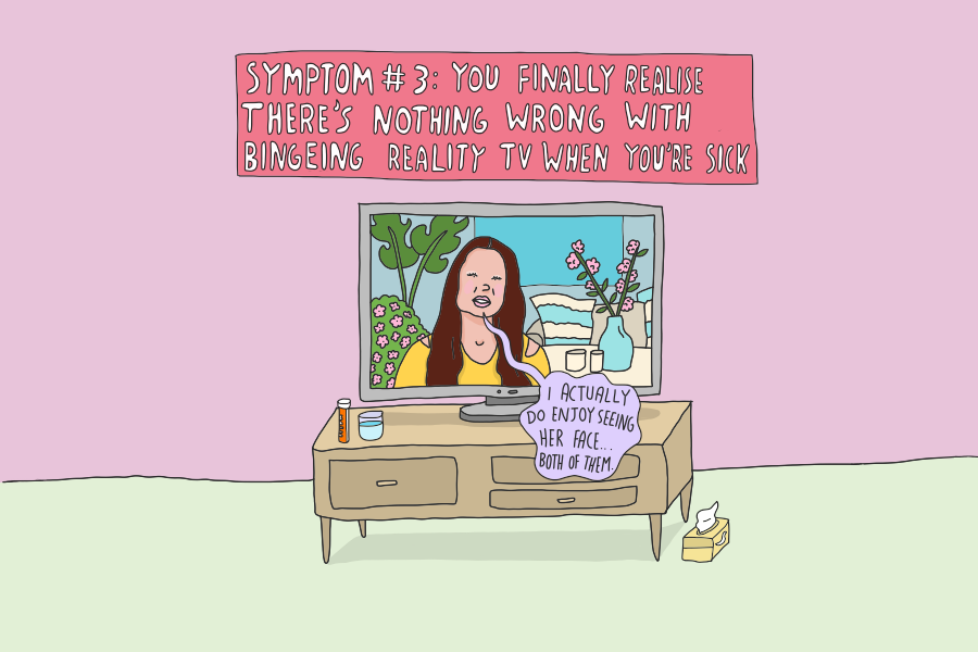A cartoon image of a reality show playing on someone's tv set. On it, a woman is bitterly saying 'I actually do enjoy seeing her face... both of them.'