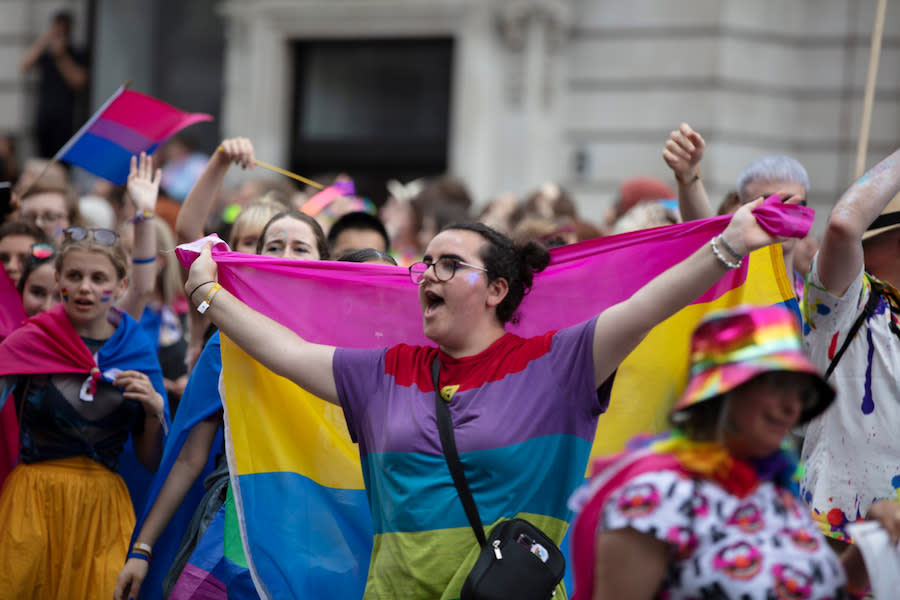 Image of a woman in a large crowd at a Pride parade. She is wearing a striped rainbow shirt and holding the pansexual flag up behind her. The flag features three colours in a row: pink on top, yellow in the middle, and blue on the bottom.